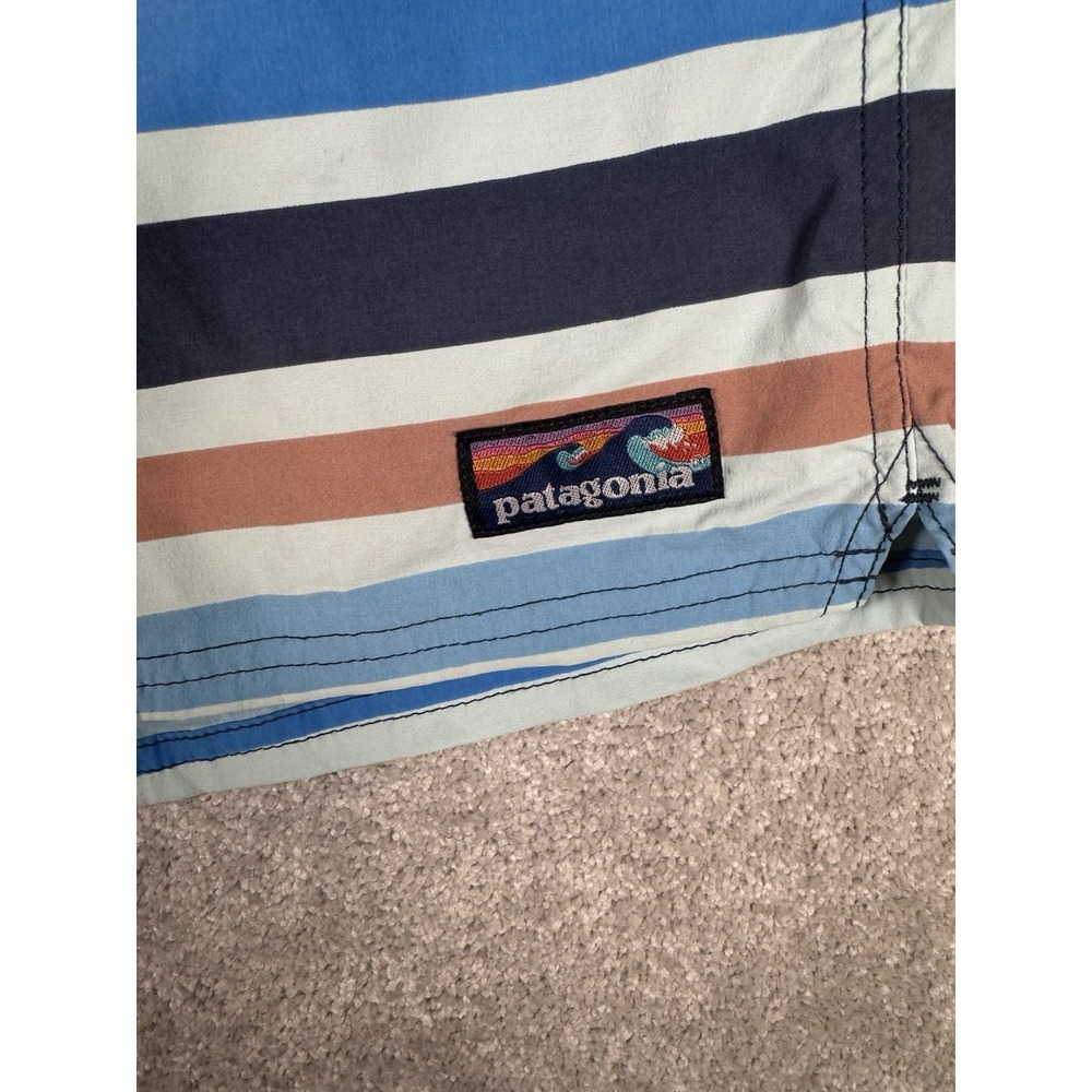 Patagonia Wavefarer Volley Shorts‎ Men L Blue White Orange Stripe Stretch - Picture 2 of 8